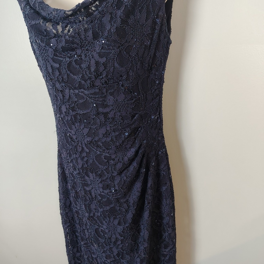 Lauren Ralph Lauren Navy Blue Sequin Floral Lace Cowl Neck Dress Womens 8 party - Picture 7 of 13